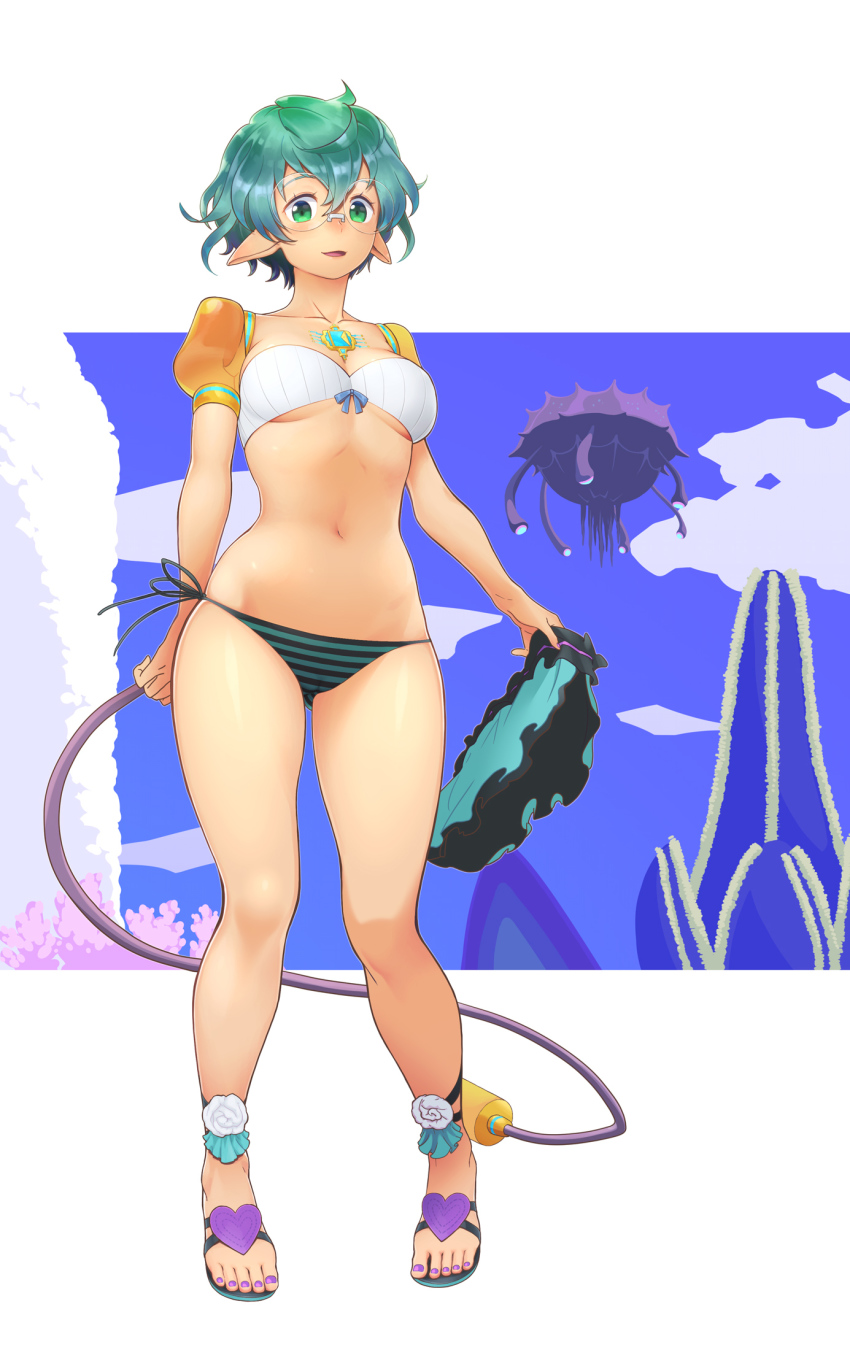 1girl, bikini, breasts, chest_jewel, female_focus, from_below, glasses, green_eyes, green_hair, heart, highres, medium_breasts, nail_polish, natto_soup, navel, nintendo, open_mouth, pandoria_(beach_date)_(xenoblade), pandoria_(xenoblade), pointy_ears, purple_nails, round_eyewear, sandals, short_hair, side-tie_bikini_bottom, skirt, solo, swimsuit, tail, underboob, unworn_skirt, xenoblade_chronicles_(series), xenoblade_chronicles_2