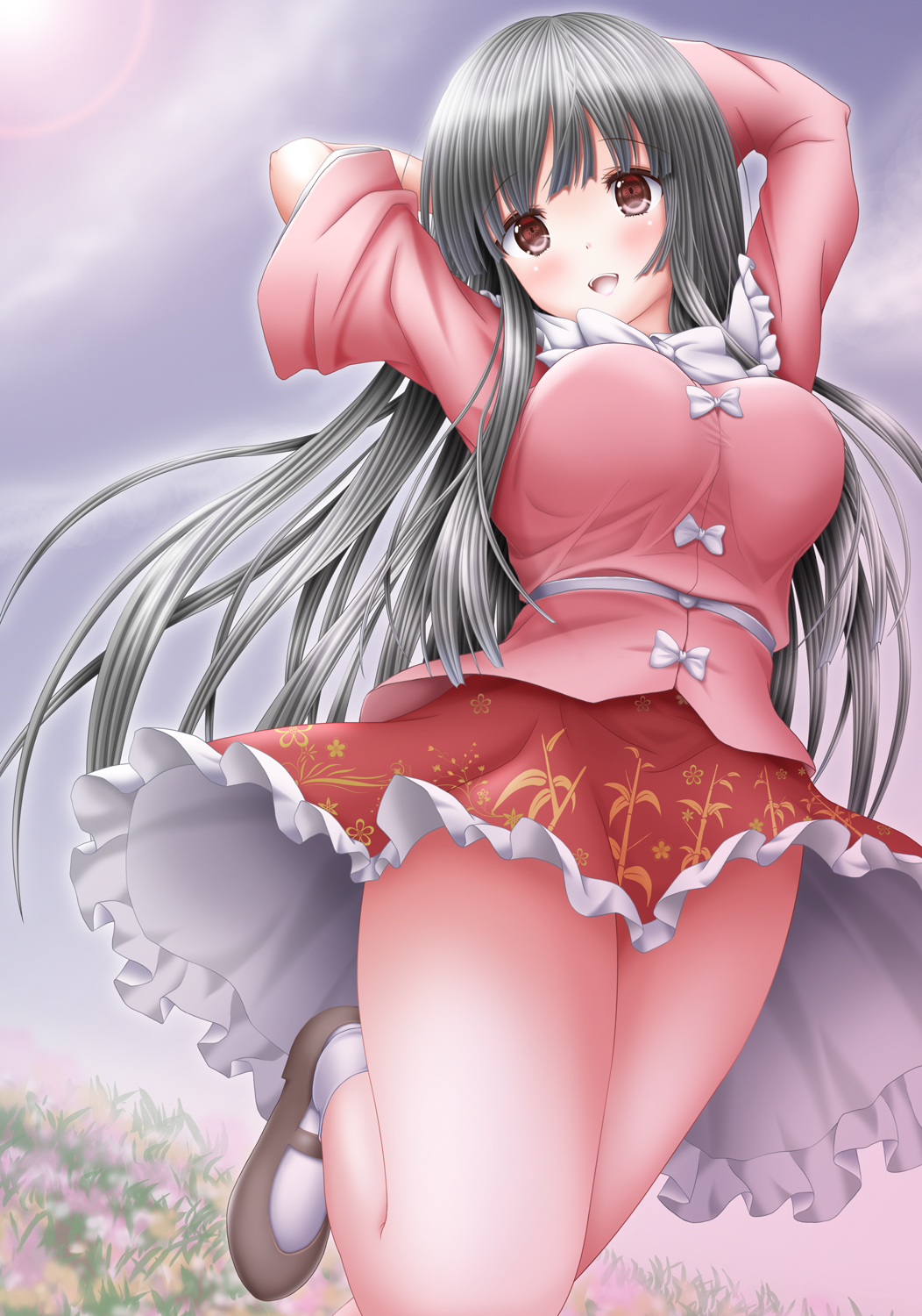 1girl, adapted_costume, akino_irori, alternate_skirt_length, ankle_socks, arms_behind_head, asymmetrical_sleeves, bamboo_print