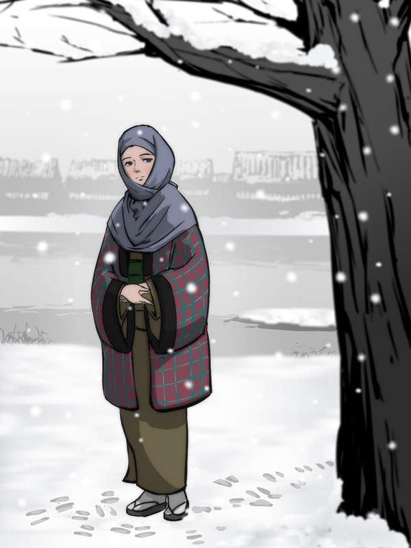 1girl, dotera_(clothes), female_focus, full_body, geta, grey_eyes, hood, japanese_clothes, kimono, nippori_honsha, okosozukin, original, outdoors, shoe_print, snow, solo, tabi, tree, winter