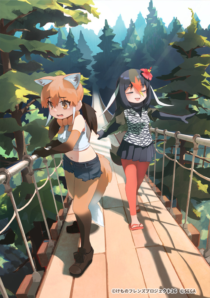 2girls, animal_ears, bare_shoulders, blonde_hair, bow, bowtie, bridge, brown_eyes