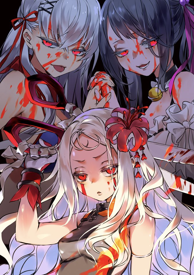 3girls, annie_(destiny_child), bare_shoulders, bell, billy_(destiny_child), black_background, black_choker, black_hair