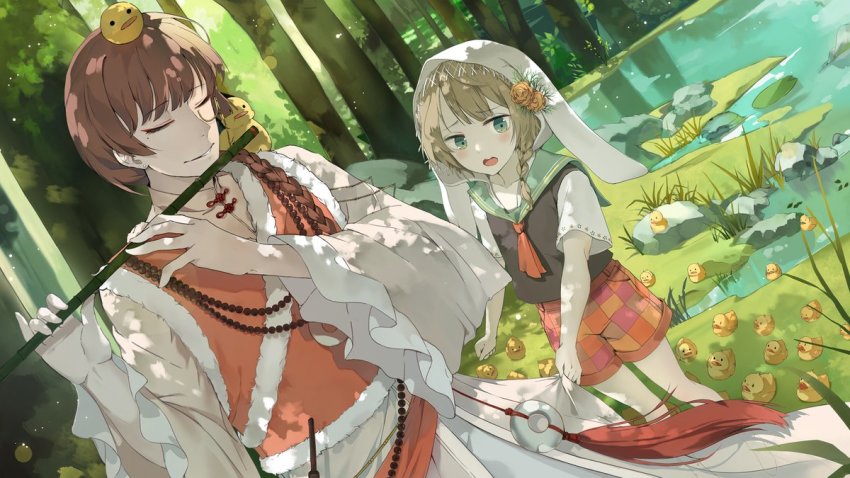 2boys, animal_ears, animal_hood, bird, braid, brown_hair, chinese_clothes, closed_eyes, duck, food_fantasy, green_eyes, green_hair, hood, long_braid, long_hair, male_focus, monocle, multiple_boys, open_mouth, peking_duck_(food_fantasy), plaid_clothes, plaid_shorts, rabbit_ears, rabbit_hood, sailor_collar, salad_(food_fantasy), shorts, side_braid, smile