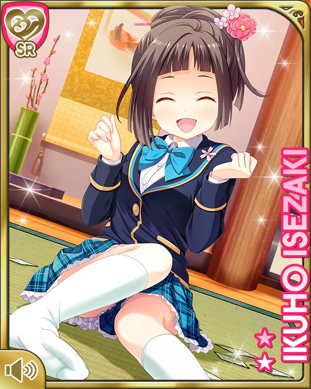 1girl, alternate_hairstyle, bow, bowtie, brown_eyes, brown_hair, card_(medium), character_name