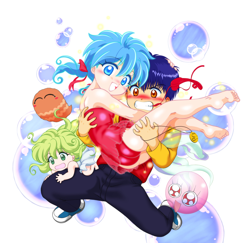 1boy, :d, ass, barefoot, blue_eyes, blue_hair, breasts, carrying