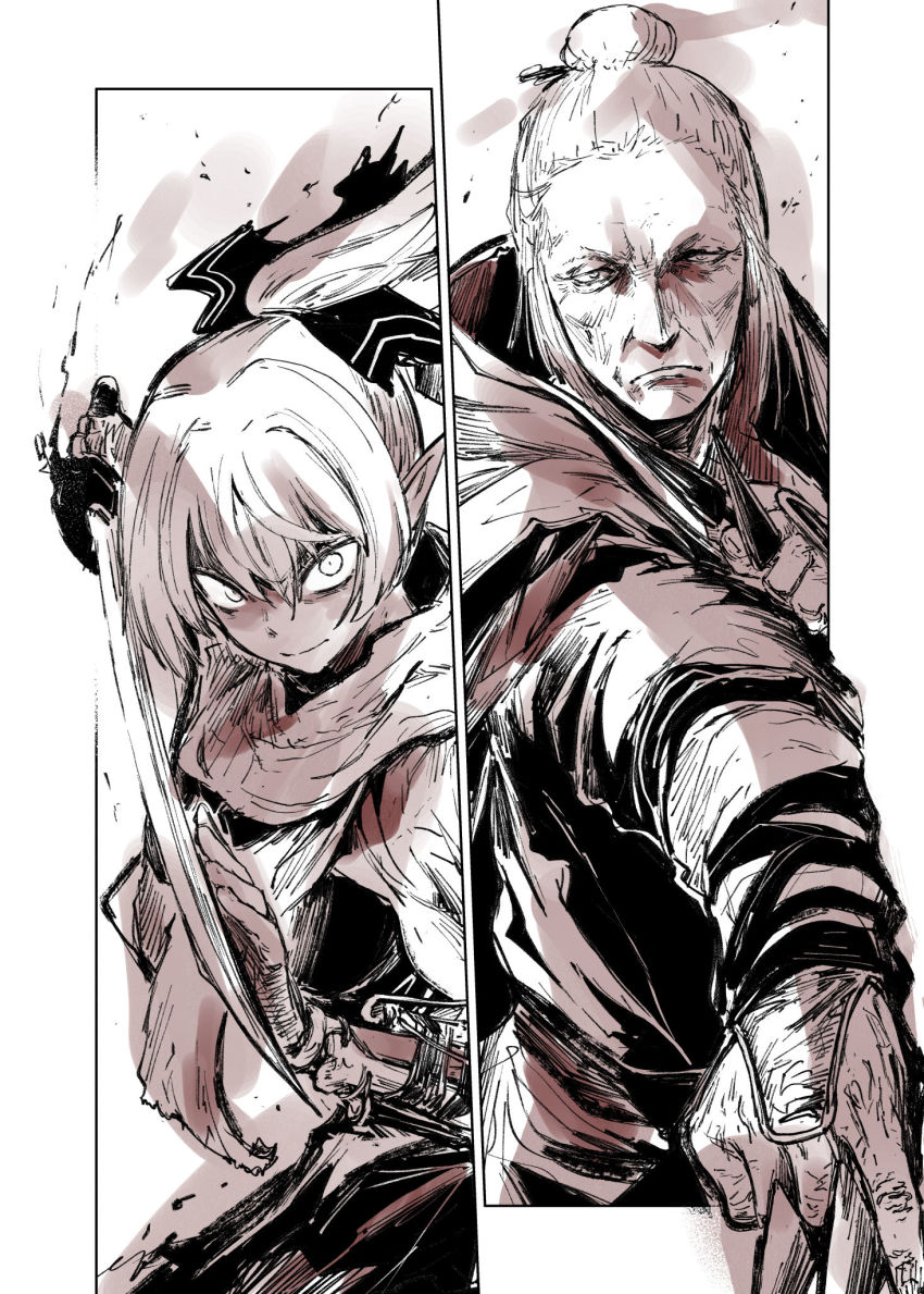 2girls, bow, closed_mouth, crossover, glaring, hair_bow, high_ponytail, highres