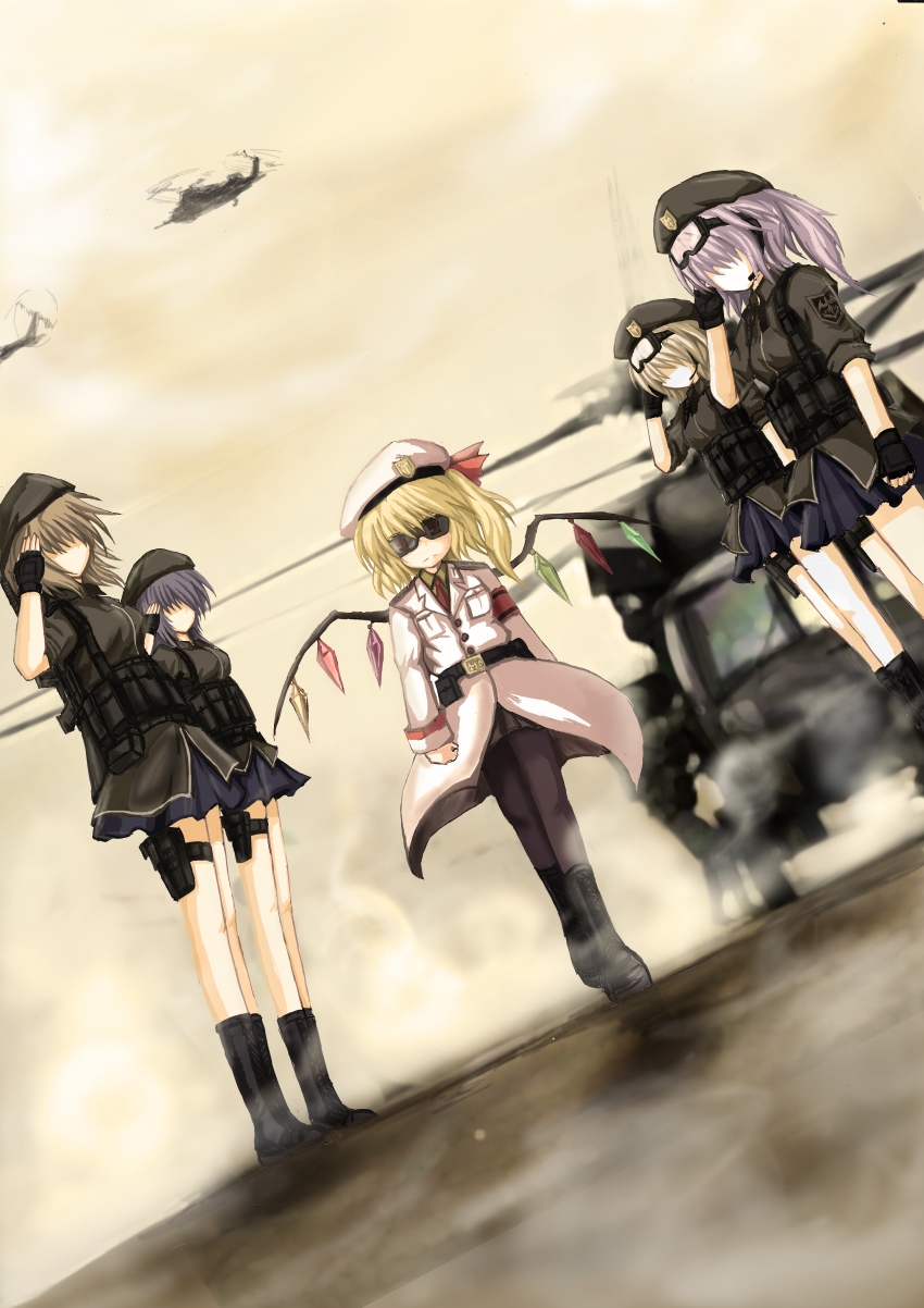 absurdres, aircraft, beret, black_legwear, blonde_hair, cloud, faceless, faceless_female