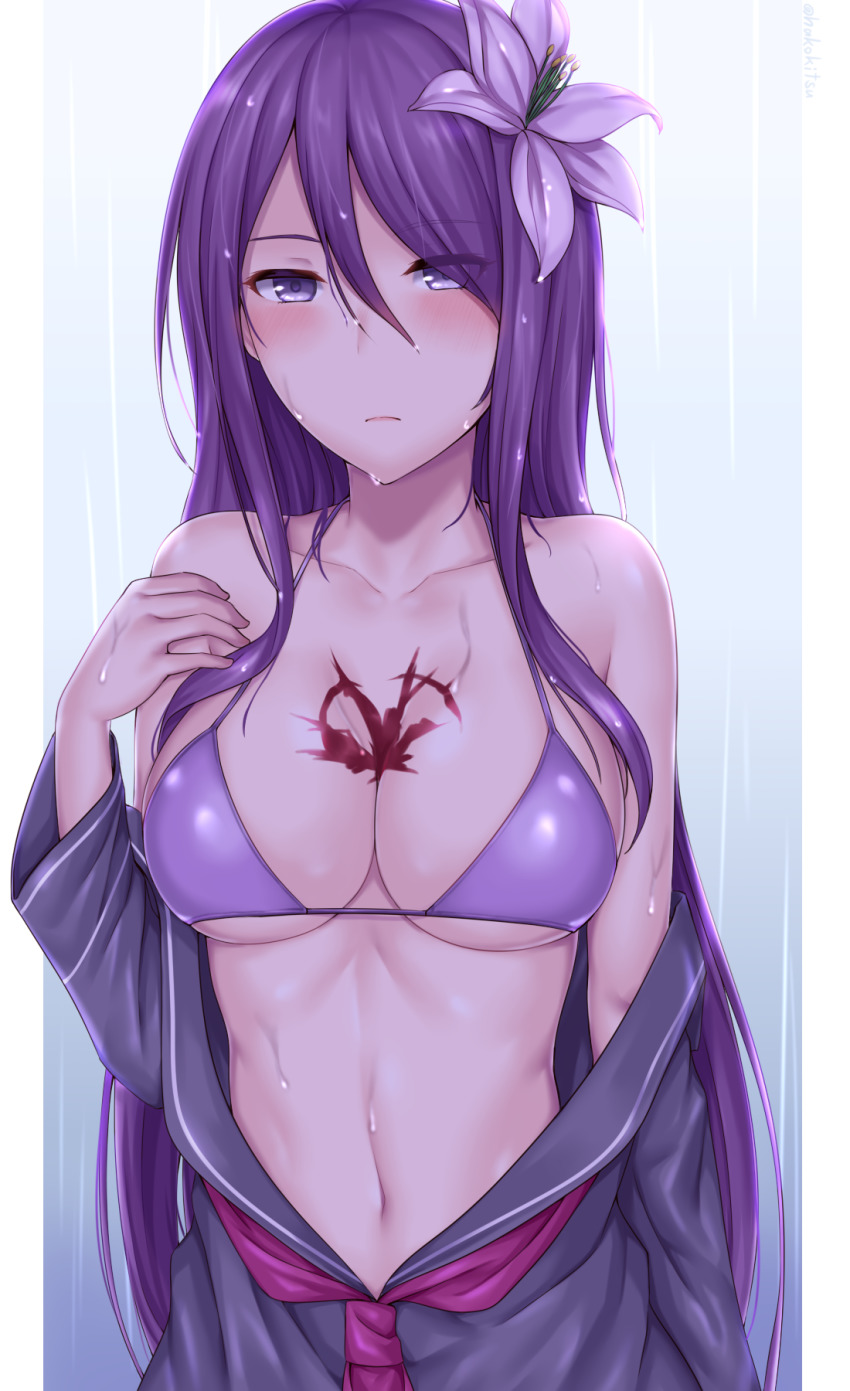 1girl, bare_shoulders, bikini, bikini_top_only, black_sailor_collar, black_serafuku, blue_background, blush, body_markings, breasts, cleavage, closed_mouth, collarbone, commentary_request, eyes_visible_through_hair, female_focus, flower, hair_between_eyes, hair_flower, hair_ornament, hair_over_one_eye, hand_on_own_chest, hand_up, hibiscus, highres, large_breasts, long_hair, long_sleeves, looking_at_viewer, midriff, navel, neckerchief, off-shoulder_shirt, off_shoulder, purple_bikini, purple_eyes, purple_hair, rain, red_neckerchief, sailor_collar, school_uniform, serafuku, shirt, sidelocks, simple_background, solo, soukitsu, standing, swimsuit, tsukuyomi_(under_night_in-birth), twitter_username, under_night_in-birth, underboob, upper_body, wet, wet_clothes, wet_hair, wet_shirt