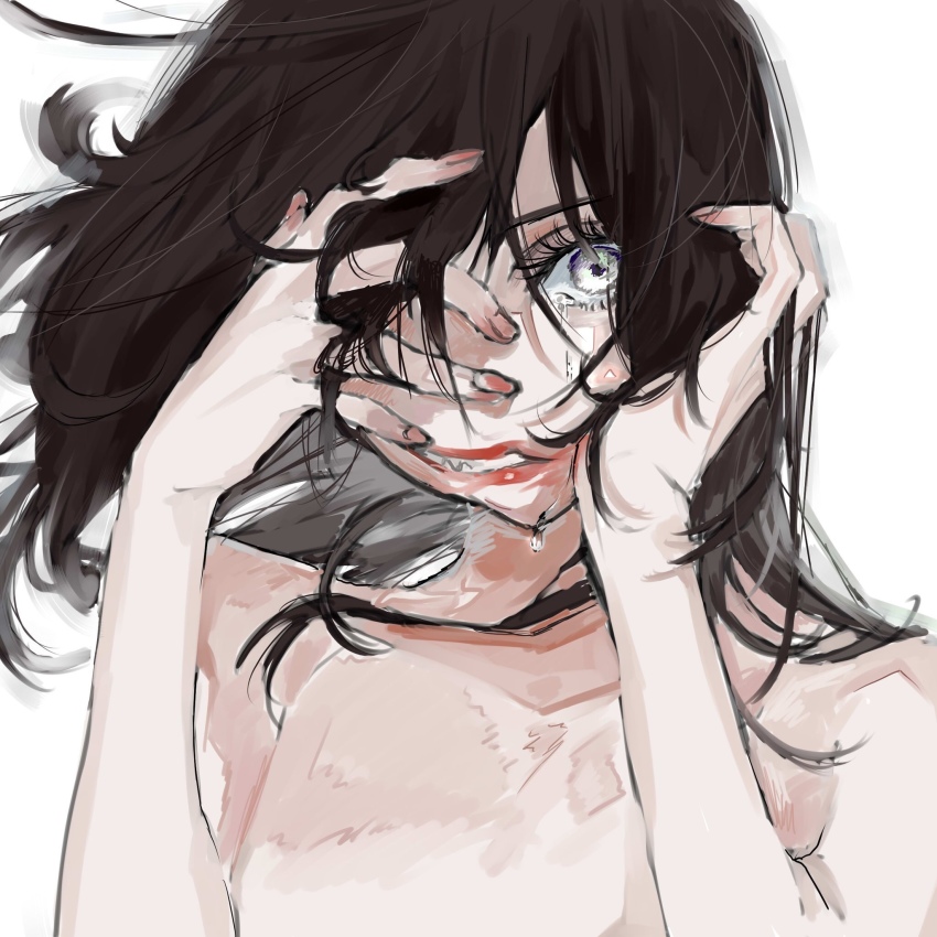 1girl, bare_shoulders, black_hair, female_focus, fuchi_kasane, grey_eyes, highres, kasane_(matsuura_daruma), long_hair, looking_at_viewer, simple_background, solo, white_background