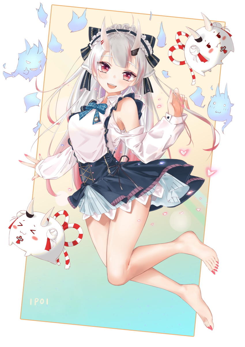 1girl, :d, absurdres, bad_id, bad_pixiv_id, bare_legs, barefoot, blouse