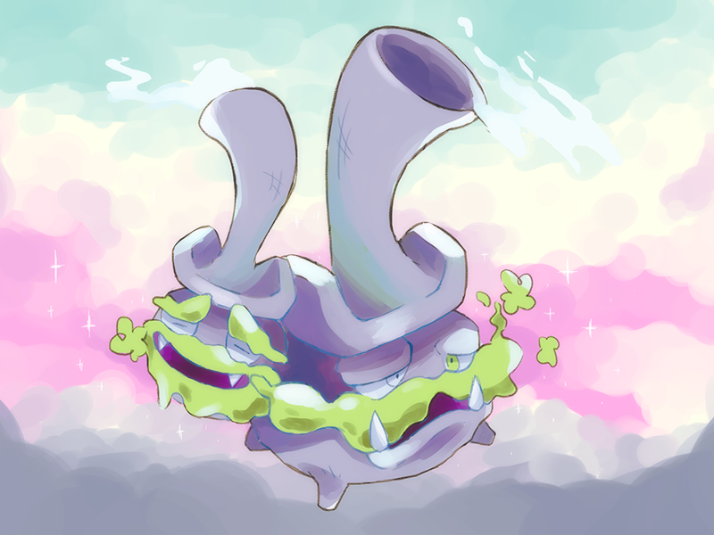 closed_eyes, cloud, cozroid, fangs, floating, galarian_form, galarian_weezing, gen_8_pokemon, nintendo, pokemon, pokemon_(creature), solo, sparkle