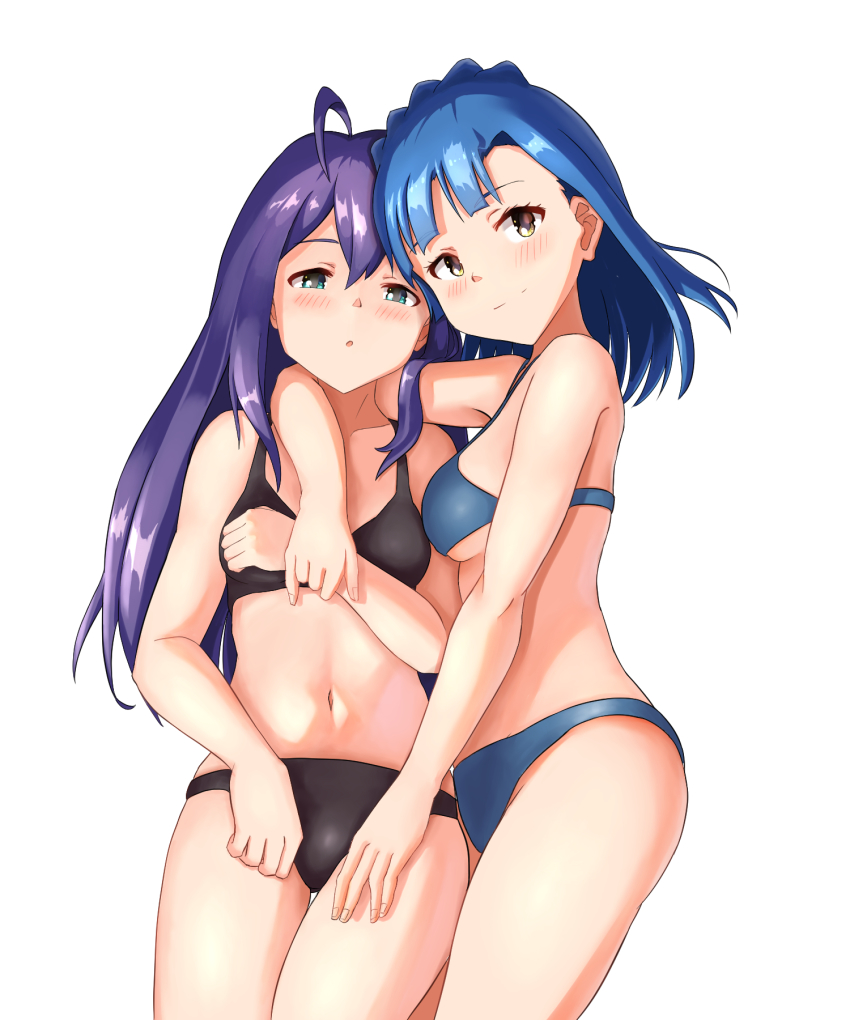 2girls, ahoge, arm_around_neck, bikini, black_bikini, blue_bikini, blue_hair, breasts, cowboy_shot, ggxfan, green_eyes, hair_between_eyes, highres, idolmaster, idolmaster_million_live!, long_hair, looking_at_viewer, mochizuki_anna, multiple_girls, nanao_yuriko, navel, purple_hair, short_hair, simple_background, small_breasts, swimsuit, white_background, yellow_eyes