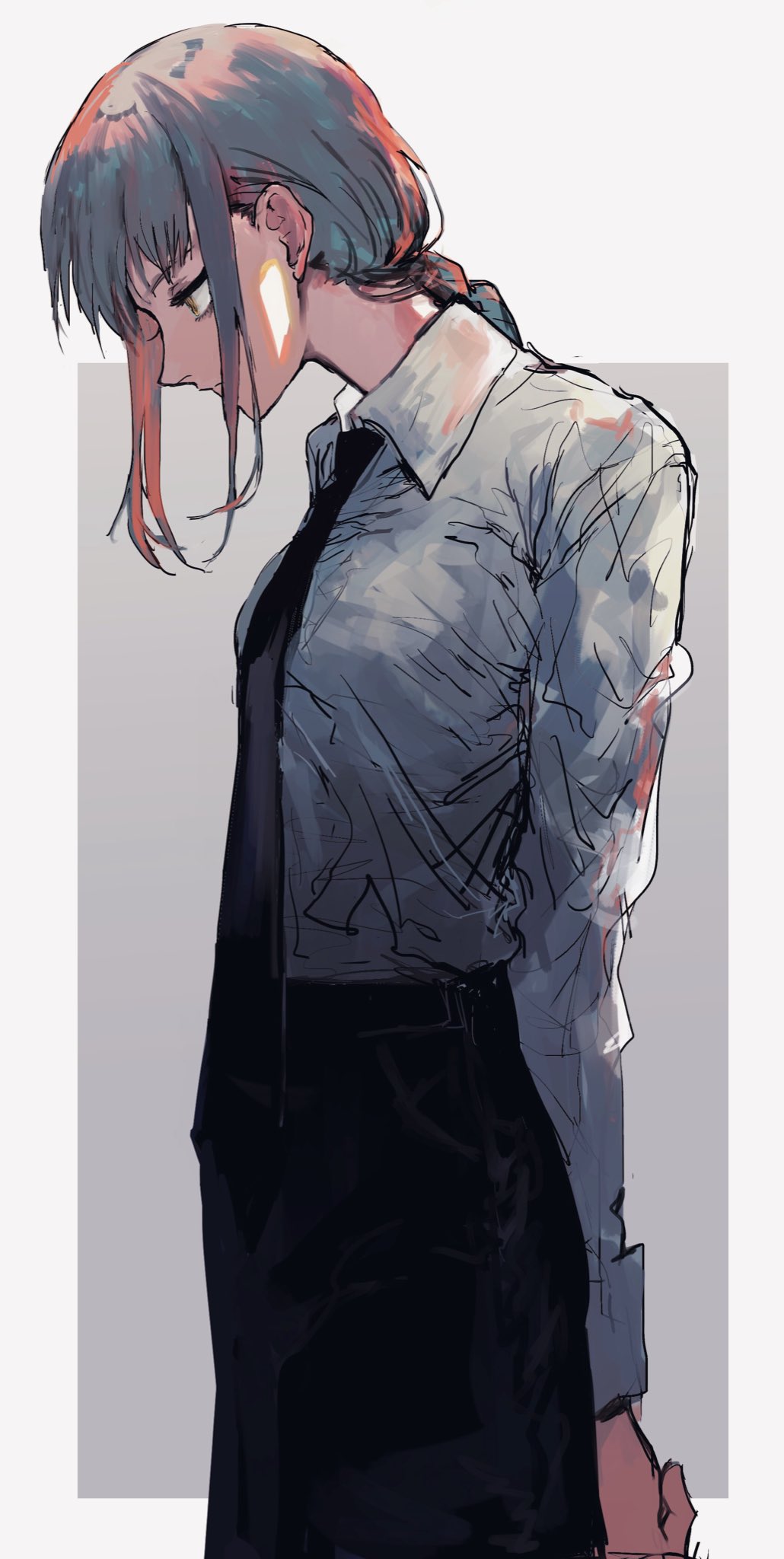 1girl, arms_behind_back, black_necktie, black_pants, brown_eyes, brown_hair, business_suit, chainsaw_man