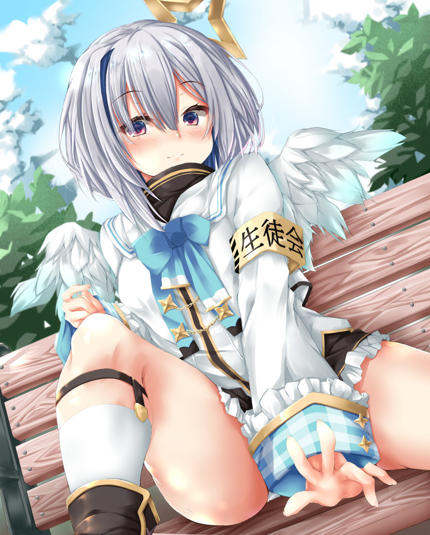 1girl, absurdres, amane_kanata, angel_wings, aqua_bow, aqua_ribbon, armband, bench
