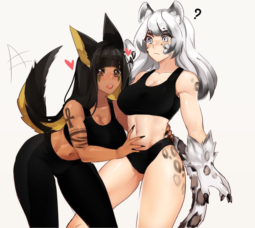 2girls, ?, abs, animal_ears, anput_(nsfwolf), arm_tattoo, bandaid, bent_over