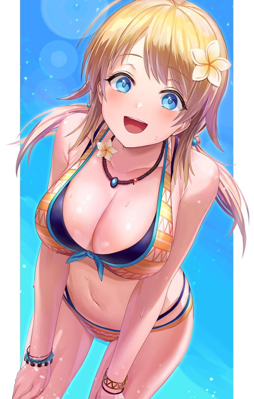 1girl, :d, absurdres, ahoge, akimikan_(2.5deciliter), bare_shoulders, bikini, blonde_hair