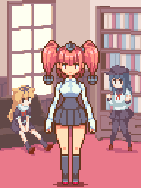 3girls, akatsuki_(kancolle), anchor_hair_ornament, animated, animated_gif, atlanta_(kancolle), backflip, black_socks, blue_hair, blush, bookshelf, breasts, brown_hair, clapping, closed_mouth, commentary_request, garrison_cap, gloves, hair_ornament, hair_ribbon, hat, indoors, jumping, kantai_collection, kneehighs, long_hair, long_sleeves, looping_animation, lowres, miniskirt, multiple_girls, oobako, open_mouth, pantyhose, partially_fingerless_gloves, pixel_art, ribbon, shadow, sitting, skirt, socks, standing, twintails, two_side_up, window, yuudachi_(kancolle)