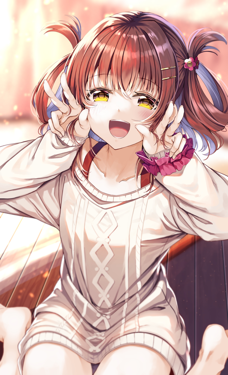 1girl, :d, barefoot, blush, brown_hair, collarbone, double_v, female_focus