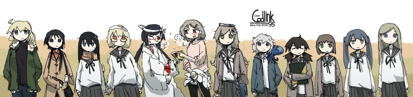 6+girls, alcohol, animal, ayaka_(shimeji_simulation), beer, bottle, character_request, chito_(shoujo_shuumatsu_ryokou), coollink_95, dated, drunk, egg, everyone, glasses, highres, lab_coat, long_image, mogawa_(shimeji_simulation), multiple_girls, mushroom, object_on_head, octopus, octopus_girl_(tsukumizu_yuu), school_uniform, shimeji_simulation, signature, sumida_(shimeji_simulation), sunny_side_up_egg, tsukishima_mina, tsukishima_shijima, wide_image, wine, yamashita_majime, yomikawa_(shimeji_simulation), yuuri_(shoujo_shuumatsu_ryokou)