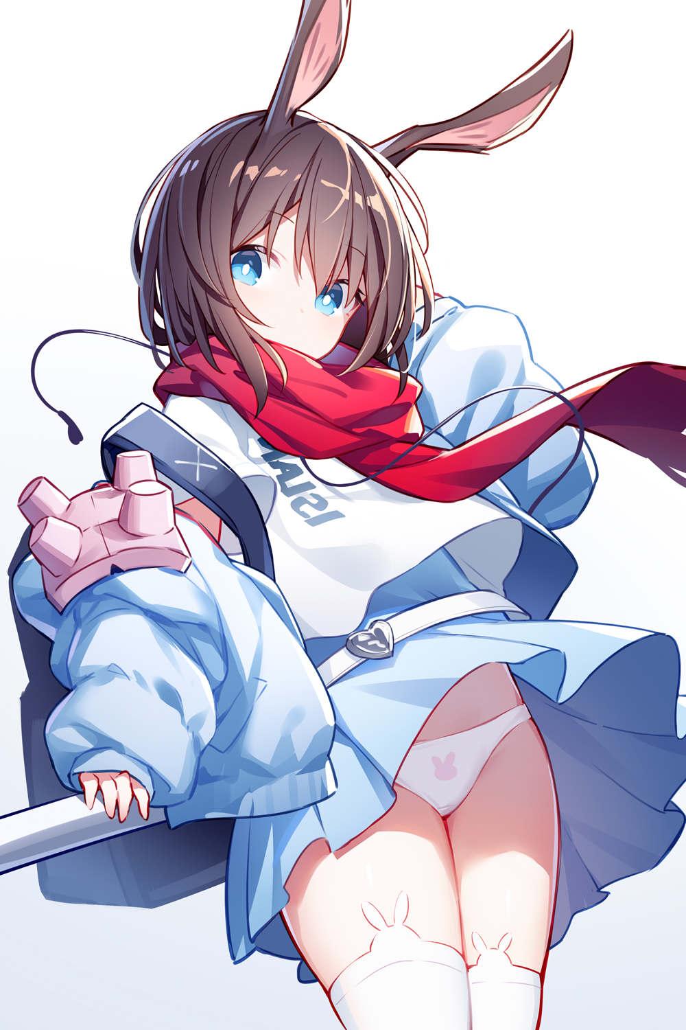 1girl, amiya_(arknights), amiya_(fresh_fastener)_(arknights), animal_ears, arknights, blue_eyes, blue_jacket, blue_skirt, brown_hair, cowboy_shot, earphones, female_focus, highres, jacket, long_sleeves, looking_at_viewer, off_shoulder, official_alternate_costume, panties, pantyshot, puffy_sleeves, quan_(kurisu_tina), rabbit_ears, red_scarf, scarf, shirt, shirt_overhang, simple_background, skirt, solo, thighhighs, thighs, underwear, white_background, white_panties, white_shirt, white_thighhighs
