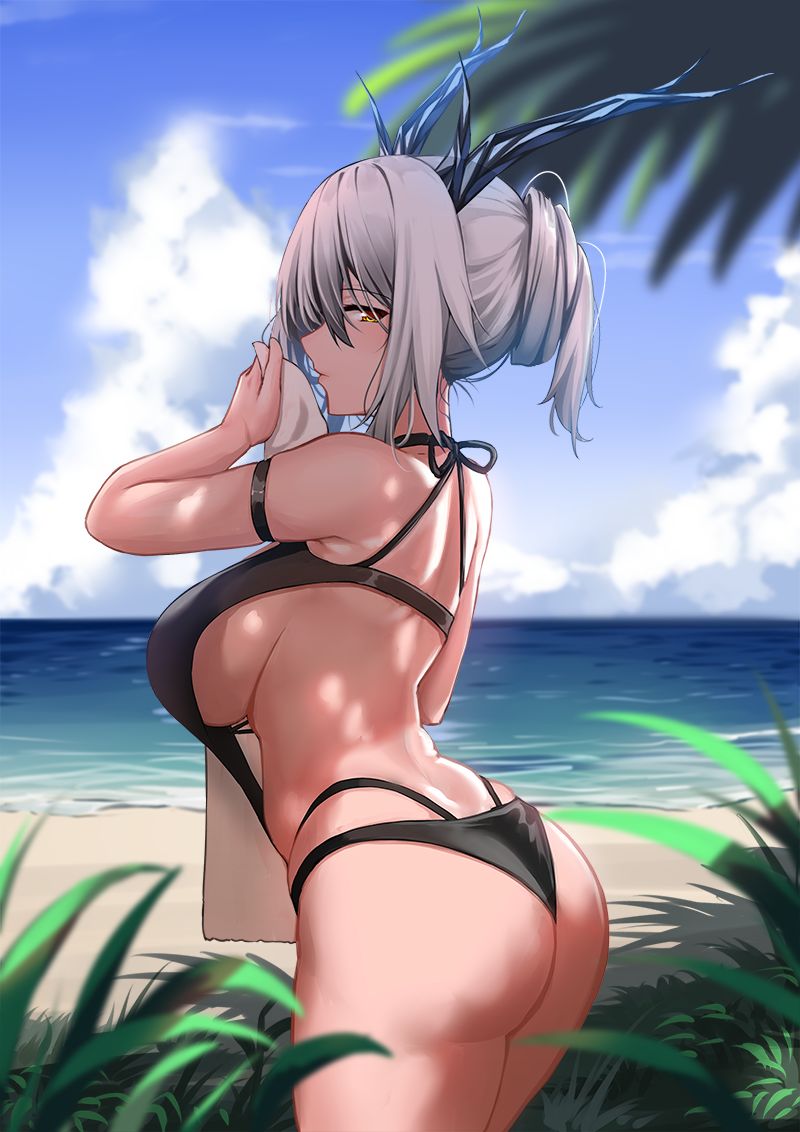 1girl, arknights, arm_strap, ass, bare_arms, bare_shoulders, bishi_(bishi), black_one-piece_swimsuit, blue_sky, breasts, cloud, commentary_request, cowboy_shot, day, female_focus, from_behind, hand_up, horns, hypergryph_(arknights), large_breasts, looking_at_viewer, looking_back, ocean, one-piece_swimsuit, original, outdoors, plant, profile, short_hair, silver_hair, sky, solo, standing, swimsuit, thighs, water, yellow_eyes