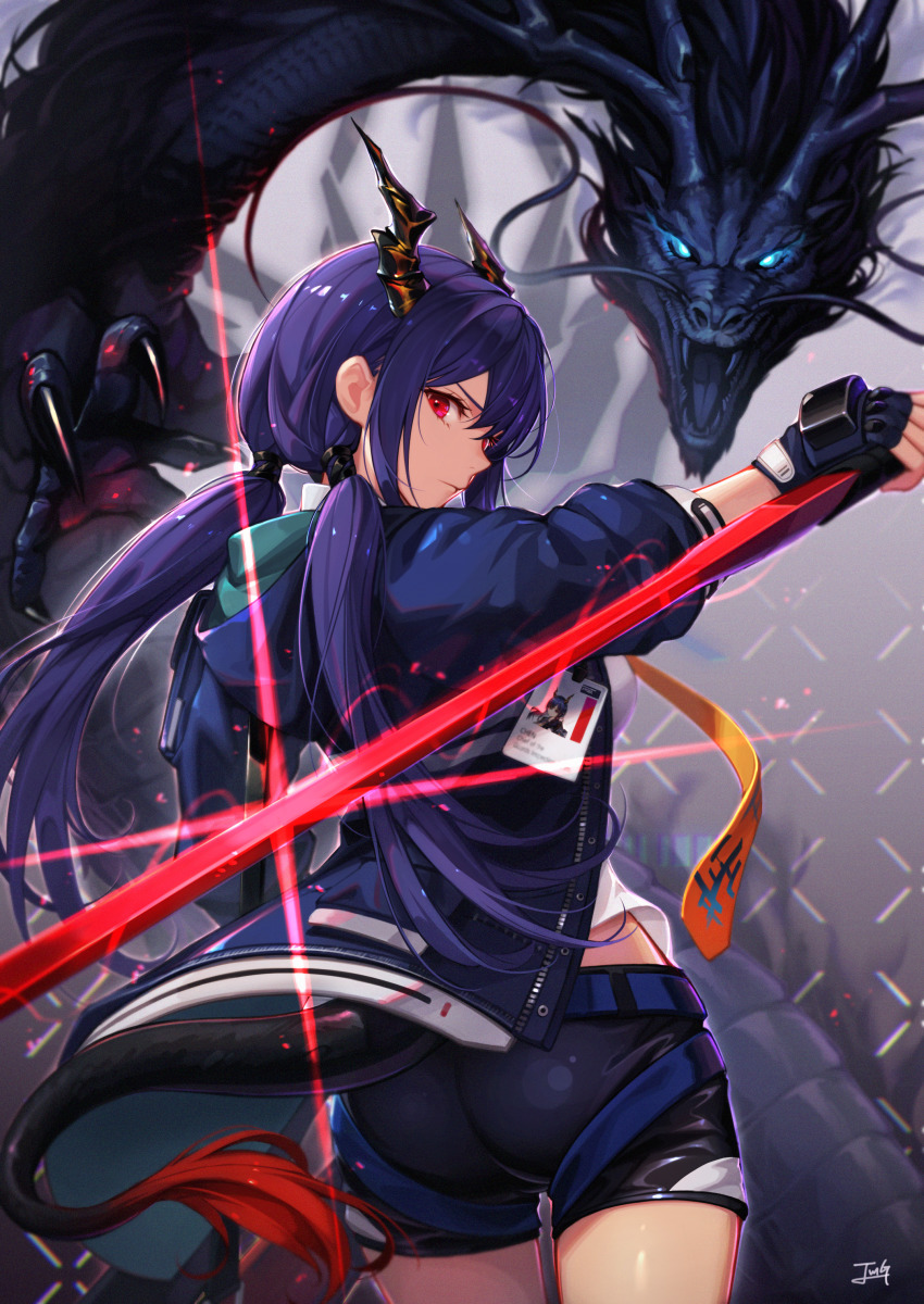 1girl, absurdres, arknights, ass, baek_hyang, belt, black_shorts, blue_hair, blue_jacket, ch'en_(arknights), ch'en_(elite_ii)_(arknights), cowboy_shot, diffraction_spikes, dragon, dragon_girl, dragon_horns, dragon_tail, eastern_dragon, elite_ii_(arknights), female_focus, from_behind, highres, holding, hood, hood_down, hooded_jacket, horns, huge_filesize, id_card, jacket, long_hair, looking_at_viewer, looking_back, low_twintails, red_eyes, reverse_grip, shirt, short_shorts, shorts, sidelocks, solo, sword, tail, twintails, weapon, white_shirt