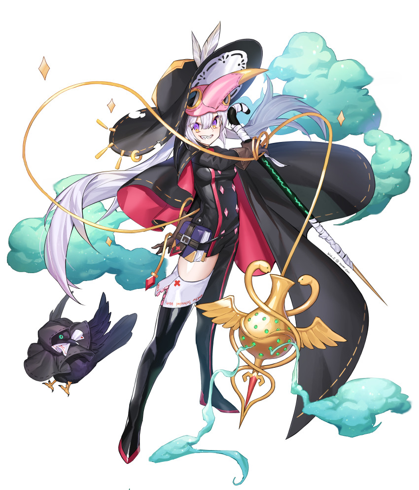 1girl, absurdres, arm_behind_back, asymmetrical_legwear, belt, bird, black_hair, bodysuit, book, boots, brown_gloves, caduceus, cane, cloak, commentary_request, crow, diamond-shaped_pupils, diamond_(shape), eyes_visible_through_hair, female_focus, full_body, gloves, green_eyes, grin, hat, highres, hood, hooded_cloak, huge_filesize, incense_burner, kylooe_0, long_hair, looking_at_viewer, mask, mask_on_head, multicolored_eyes, multicolored_hair, original, plague_doctor, plague_doctor_mask, purple_eyes, sharp_teeth, single_thighhigh, smile, smoke, solo, streaked_hair, symbol-shaped_pupils, teeth, thigh_boots, thighhighs, tsurime, uneven_legwear, very_long_hair, white_background, white_hair, yellow_eyes