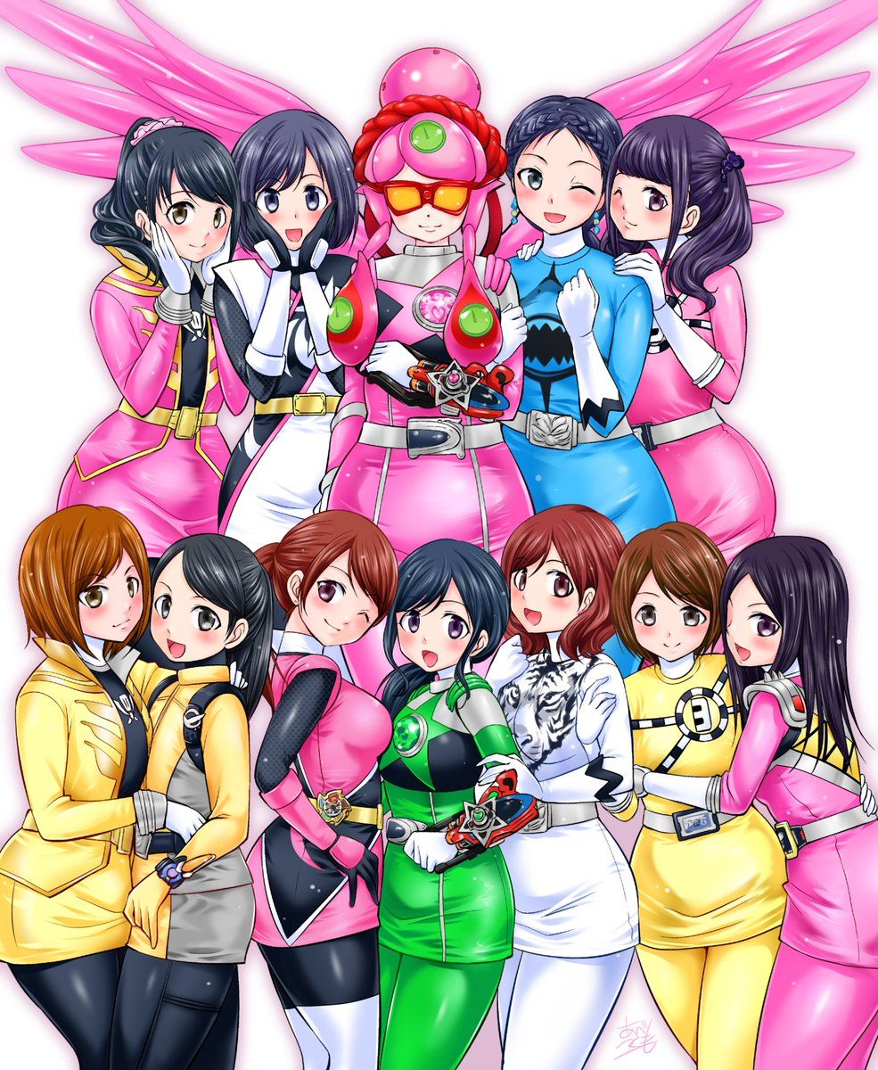 6+girls, abe_tsukumo, ahim_de_famille, amu_(doubutsu_sentai_zyuohger), amy_yuzuki, blue_eyes, brown_hair, doubutsu_sentai_zyuohger