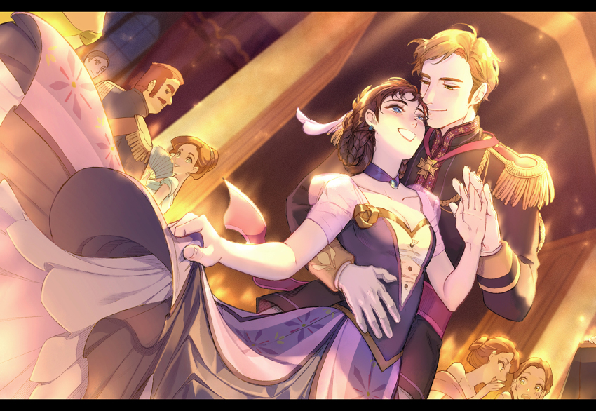 3boys, 4girls, agdar_(frozen), aiguillette, arm_around_another's_waist, bare_arms, blonde_hair, blue_eyes, blush, braid, breasts, brown_hair, cleavage, corsage, couple, cowboy_shot, cross, dancing, dress, dutch_angle, earrings, epaulettes, extra, eye_contact, facial_hair, flower, folding_fan, formal_clothes, frozen_(disney), frozen_ii_(disney), gem, gloves, green_eyes, grin, hair_bun, hair_ribbon, hand_fan, hand_on_another's_stomach, happy, hetero, holding_hands, holding_own_dress, iduna_(kuzu_kow), indoors, jewelry, jowell_she, letterboxed, light_particles, long_hair, long_sleeves, looking_at_another, looking_at_viewer, looking_back, looking_down, looking_up, multiple_boys, multiple_braids, multiple_girls, mustache, off_shoulder, pants, purple_dress, ribbon, rose, sash, see-through_clothes, short_sleeves, sideburns, single_hair_bun, small_breasts, smile, smirk, standing, updo, upper_body, whispering, white_gloves