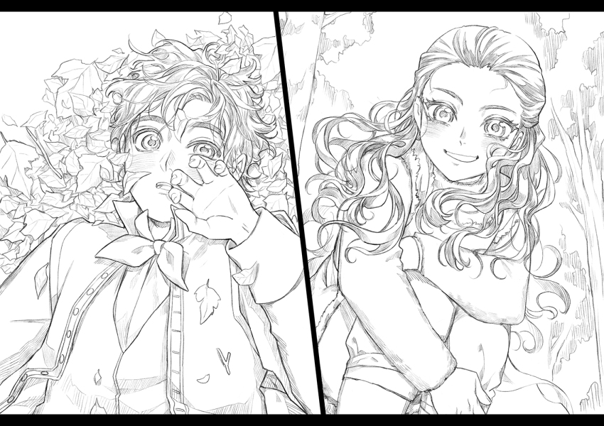 1boy, 1girl, agdar_(frozen), autumn_leaves, ascot, day, falling_leaves, frozen_(disney)