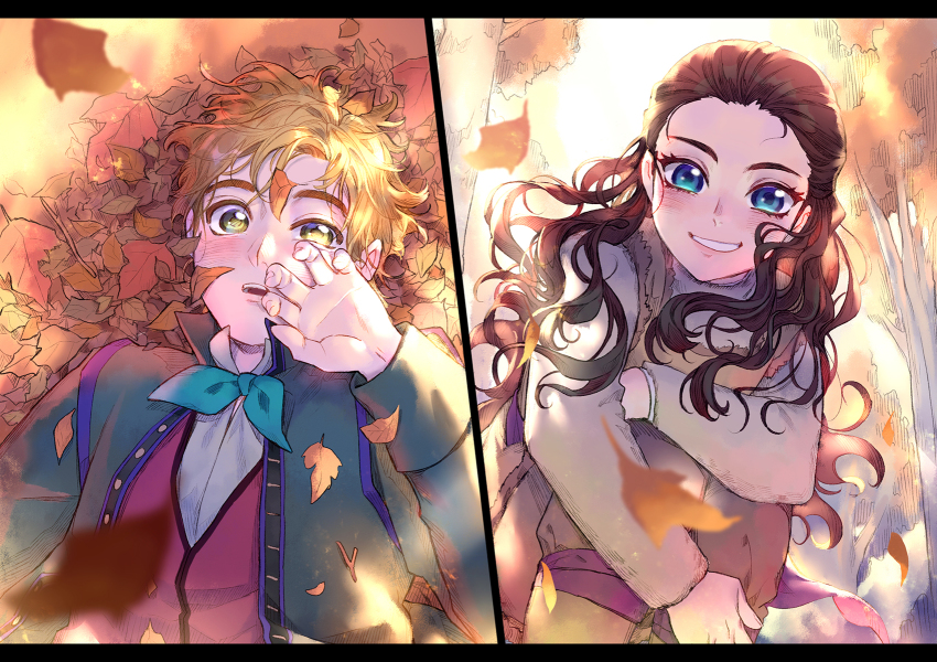 1boy, 1girl, agdar_(frozen), autumn_leaves, blonde_hair, blue_eyes, brown_hair, ascot
