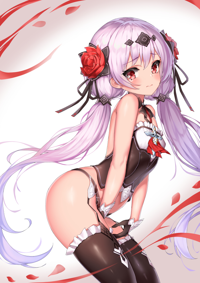 1girl, bare_shoulders, between_legs, black_gloves, black_panties, black_ribbon, black_thighhighs, blush, commentary_request, crop_top, ehart, female_focus, flower, frilled_thighhighs, frills, garter_straps, gloves, hair_flower, hair_ornament, hair_ribbon, hand_between_legs, honkai_(series), honkai_impact_3rd, loli, long_hair, panties, petals, red_eyes, red_flower, red_rose, ribbon, rose, silver_hair, solo, tearing_up, theresa_apocalypse, theresa_apocalypse_(luna_kindred), thighhighs, twintails, underwear, very_long_hair