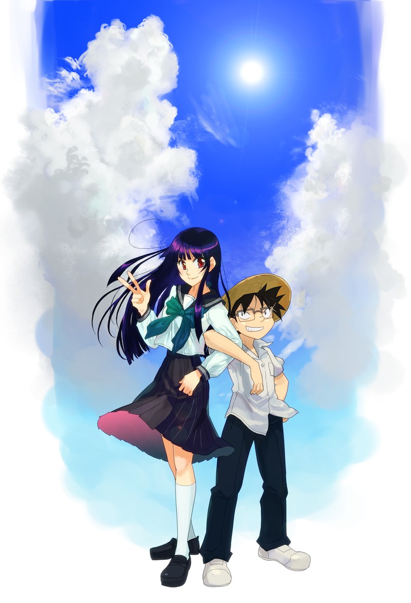 00s, 1boy, 1girl, arashiyama_sayoko, cloud, day, glasses, hat