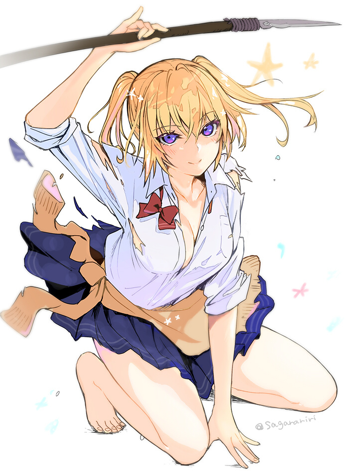 1girl, bare_legs, barefoot, blonde_hair, blue_eyes, blue_skirt, blush, bow