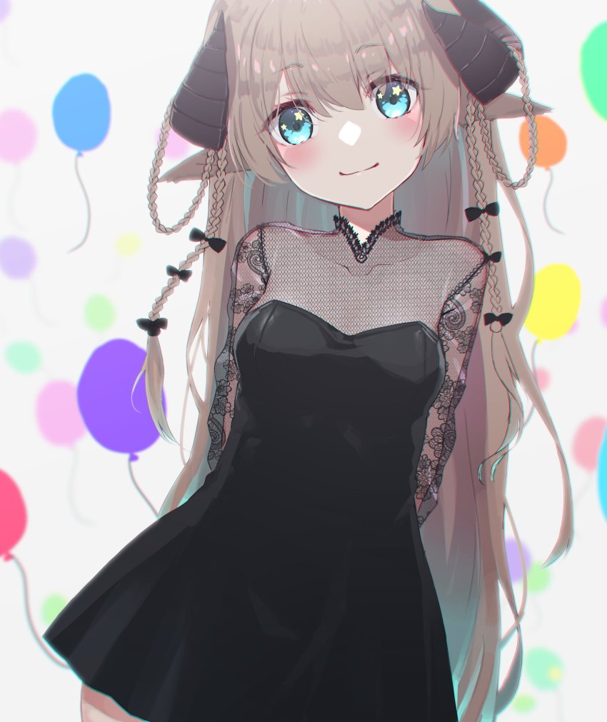 1girl, absurdres, animal_ears, balloon, black_dress, blue_eyes, blush, braid