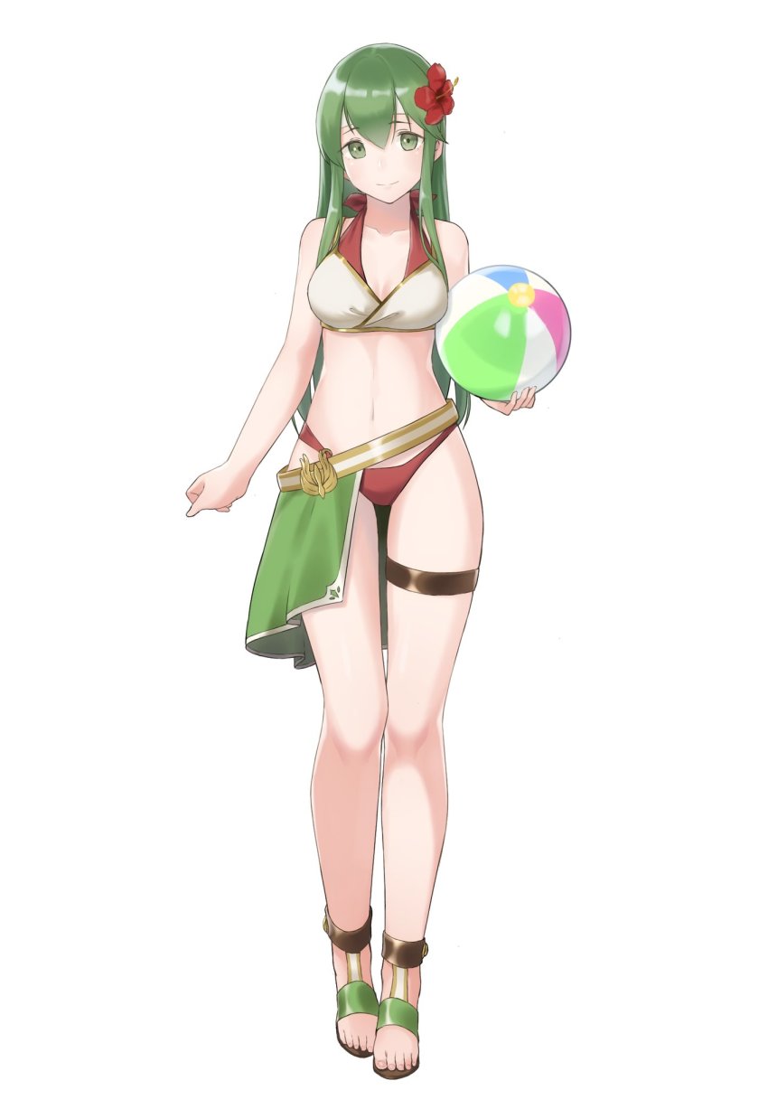 1girl, ball, beachball, bikini, closed_mouth, female_focus, fire_emblem, fire_emblem:_mystery_of_the_emblem, flower, full_body, green_eyes, green_hair, hair_flower, hair_ornament, headband, highres, holding, long_hair, nintendo, palla_(fire_emblem), ruis_bacon, simple_background, smile, solo, swimsuit, thigh_strap, white_background, white_headband