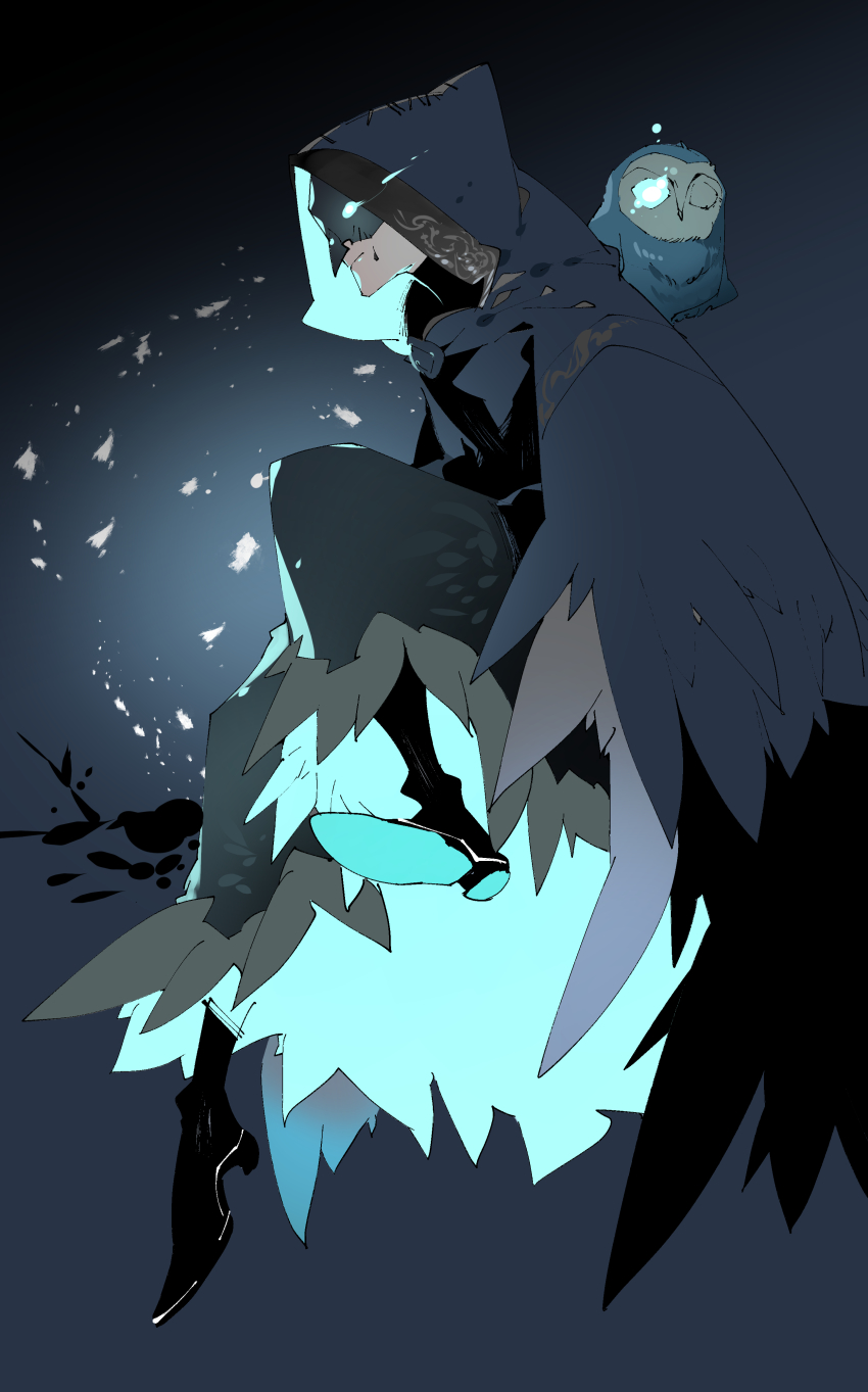 1boy, absurdres, animal, bird, blue_cloak, blue_eyes, cloak, copyright_request