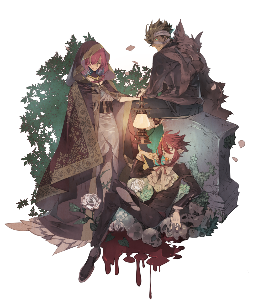 1girl, 2boys, bandages, bandaid, bandaid_on_face, belt, belt_buckle, black_nails