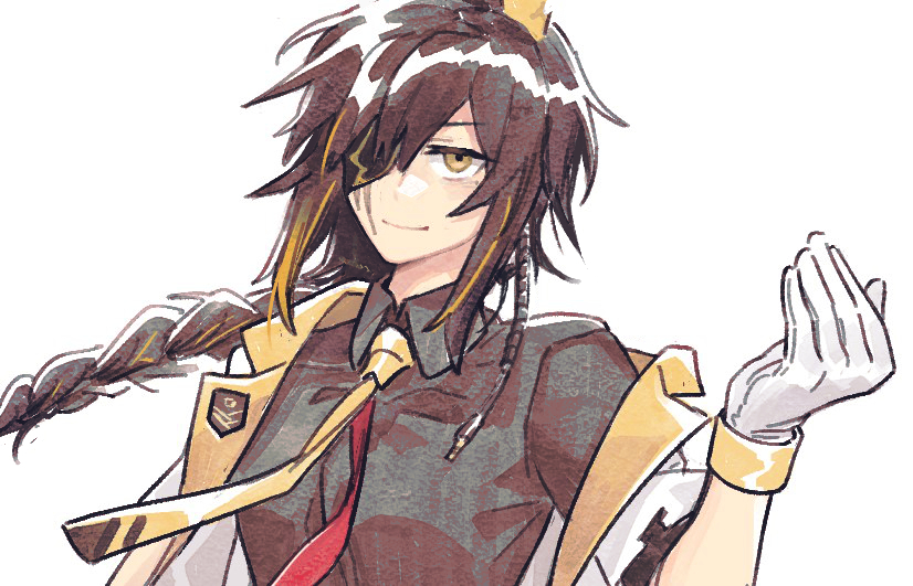 1girl, alternate_costume, black_hair, black_shirt, braid, braided_ponytail, come_at_me_bro, eyepatch, female_focus, girls'_frontline, gloves, griffin_&amp;_kryuger_logo, grifon_&amp;_kryuger, jacket, m16a1_(girls'_frontline), m16a1_(the_one-eyed_rabbit_knight)_(girls'_frontline), scar, scar_across_eye, scar_on_face, shirt, smile, solo, vento, yellow_eyes