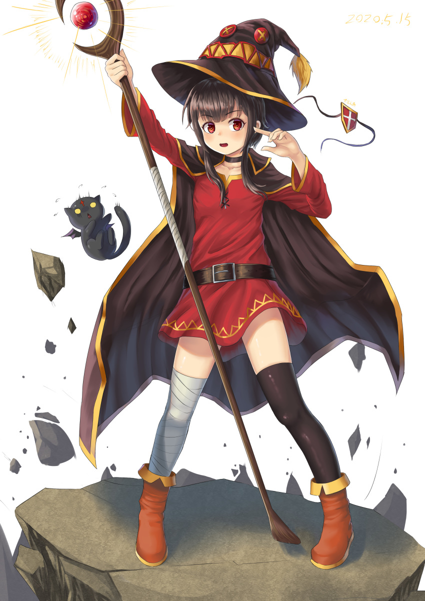 1girl, absurdres, bandaged_leg, bandages, belt, black_choker, black_thighhighs, blush, breasts, brown_hair, cape, choker, chomusuke, collarbone, commentary_request, dated, dress, eyepatch, unworn_eyepatch, fingerless_gloves, flat_chest, floating_rock, full_body, gloves, guanchuan_zhi_jiao, hat, highres, holding, holding_staff, kono_subarashii_sekai_ni_shukufuku_wo!, looking_at_viewer, megumin, open_mouth, red_dress, red_eyes, short_hair, single_thighhigh, smile, staff, standing, thighhighs, witch_hat