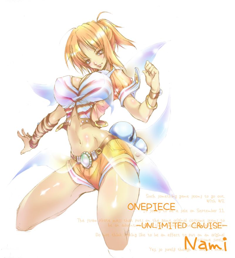 1girl, bangle, bracelet, breasts, character_name, copyright_name, denim, denim_shorts, english_text, engrish_text, female_focus, ferio, jewelry, large_breasts, log_pose, midriff, nami_(one_piece), one_piece, orange_hair, ranguage, shorts, solo