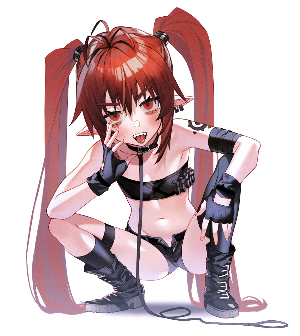 1girl, :d, antenna_hair, armpits, arms_on_knees, bandaged_arm, bandages, bandeau