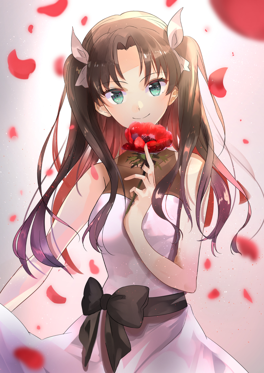 1girl, black_bow, blurry, blurry_foreground, bow, brown_hair, closed_mouth, dress