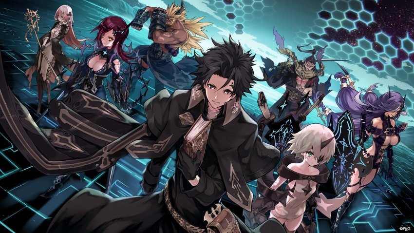 3boys, 4girls, ahat_(ta_ga_tame_no_alchemist), bandaged_arm, bandages, book, braid, breasts, broken_horn, cape, chest_belt, cleavage_cutout, clothing_cutout, crown, eyepatch, fear_(dare_ga_tame_no_alchemist), gauntlets, glowing, glowing_lines, hair_ornament, hexagon, highres, holding, holding_sword, holding_weapon, horns, katana, large_breasts, long_hair, low-tied_long_hair, medium_breasts, multiple_boys, multiple_girls, neon_trim, noine_(dare_ga_tame_no_alchemist), obi, official_art, over_shoulder, portal_(object), pouch, prosthesis, revealing_clothes, sash, scarf, sideboob, sky, small_breasts, sol_(ta_ga_tame_no_alchemist), staff, sword, sword_over_shoulder, ta_ga_tame_no_alchemist, tattoo, tome_(nijuu-mensou_no_musume), tri_braids, virgin_killer_sweater, weapon, weapon_over_shoulder, zen_(dare_ga_tame_no_alchemist), ziva_(dare_ga_tame_no_alchemist)