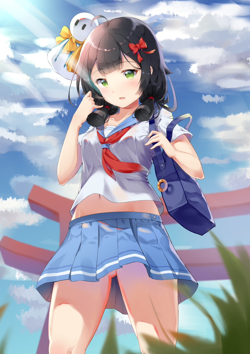 1girl, absurdres, ahoge, bag, bag_charm, black_hair, blue_skirt, blue_sky