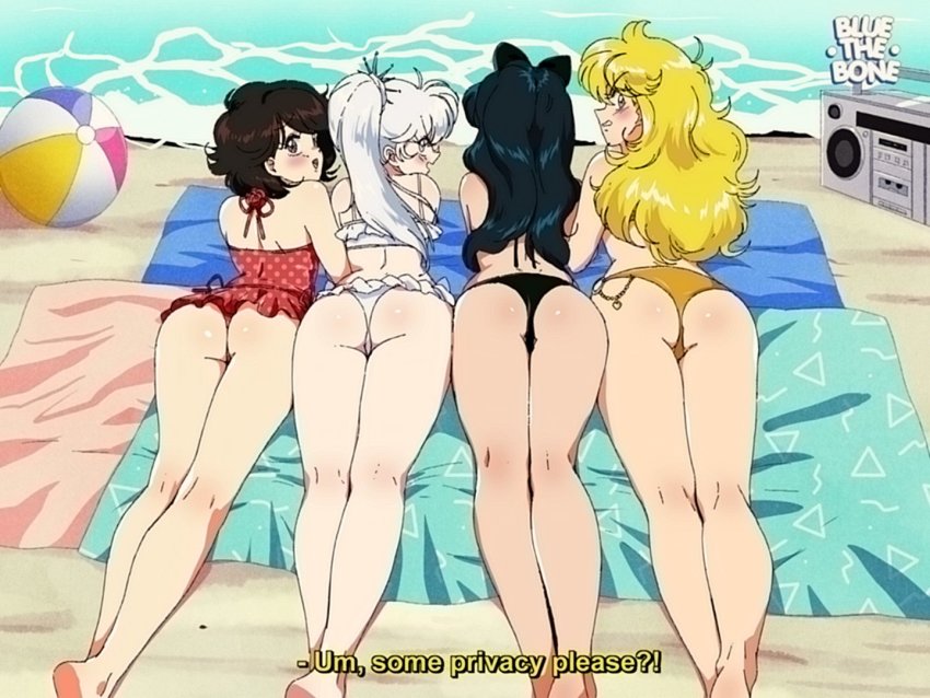 1980s_(style), 4girls, ass, beach_volleyball, bikini, black_hair, blake_belladonna, bluethebone, boombox, bow, english_text, frown, hair_bow, long_hair, looking_back, multiple_girls, oldschool, ponytail, radio, retro_artstyle, ruby_rose, rwby, short_hair, side_ponytail, swimsuit, weiss_schnee, white_hair, yang_xiao_long