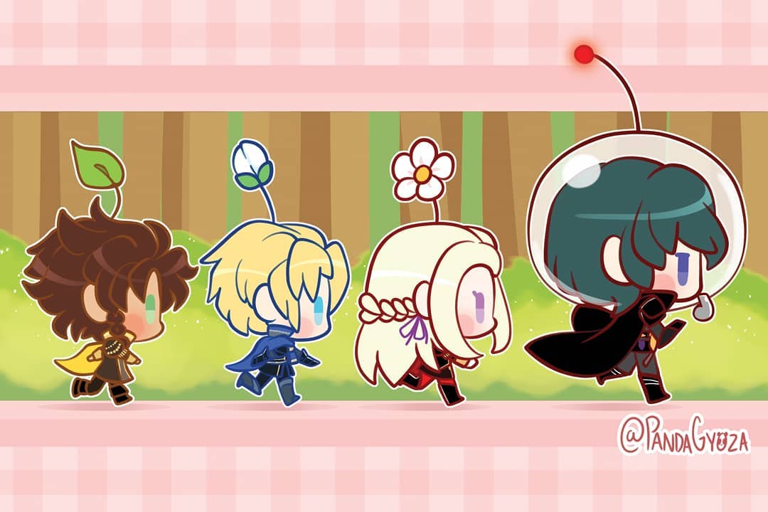 1girl, 3boys, armor, black_gloves, blonde_hair, blue_cape, blue_eyes, blue_hair