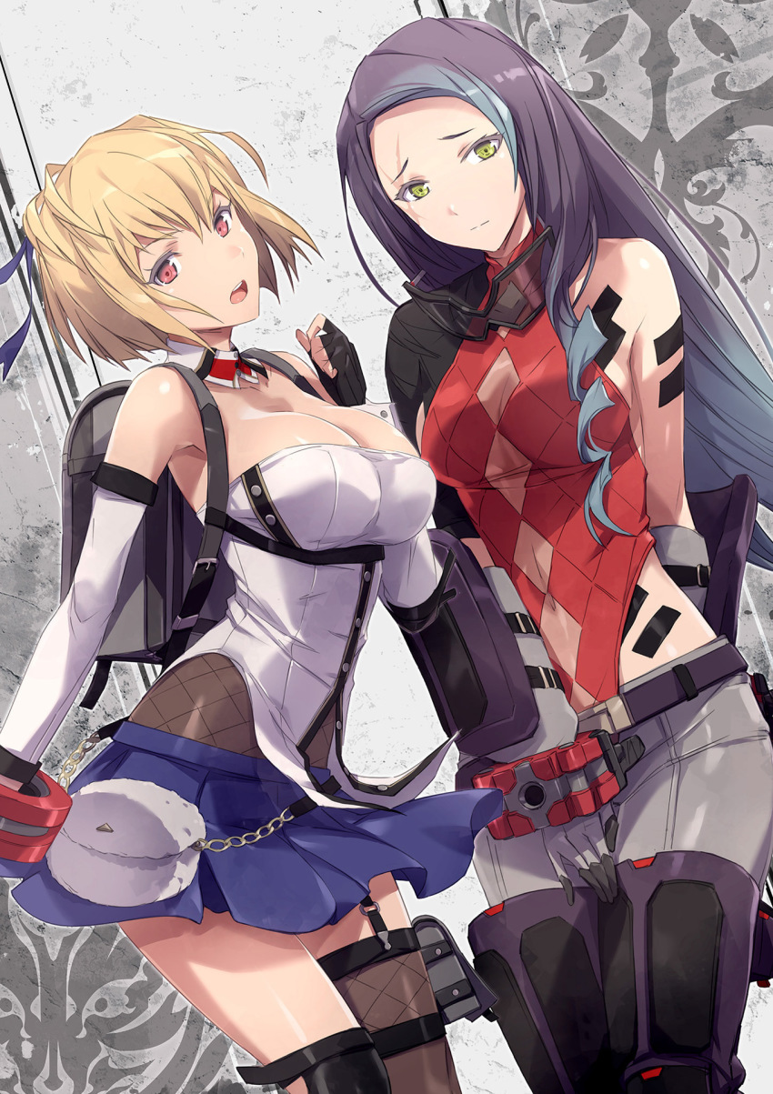 2girls, artist_request, backpack, bag, bare_shoulders, blonde_hair, blue_skirt, breasts, claire_victorious, cleavage, god_eater, god_eater_3, goggles, goggles_around_neck, gradient_hair, green_eyes, grey_hair, highres, large_breasts, leotard, leotard_under_clothes, long_hair, looking_at_viewer, lulu_baran, medium_breasts, miniskirt, multicolored_hair, multiple_girls, official_art, open_mouth, page_number, parted_bangs, pleated_skirt, purple_hair, red_eyes, red_leotard, scan, scar, scar_across_eye, scar_on_face, short_hair, simple_background, skirt, standing, thighhighs