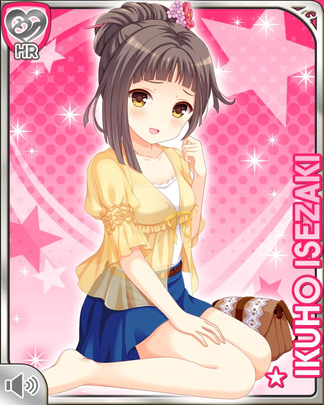 1girl, alternate_hairstyle, bag, barefoot, blue_skirt, brown_eyes, brown_hair, card_(medium), character_name, female_focus, flower, girlfriend_(kari), hair_flower, hair_ornament, handbag, isezaki_ikuho, jacket, kneeling, official_art, open_mouth, pink_background, qp:flapper, see-through_clothes, see-through_jacket, shirt, skirt, smile, solo, white_shirt