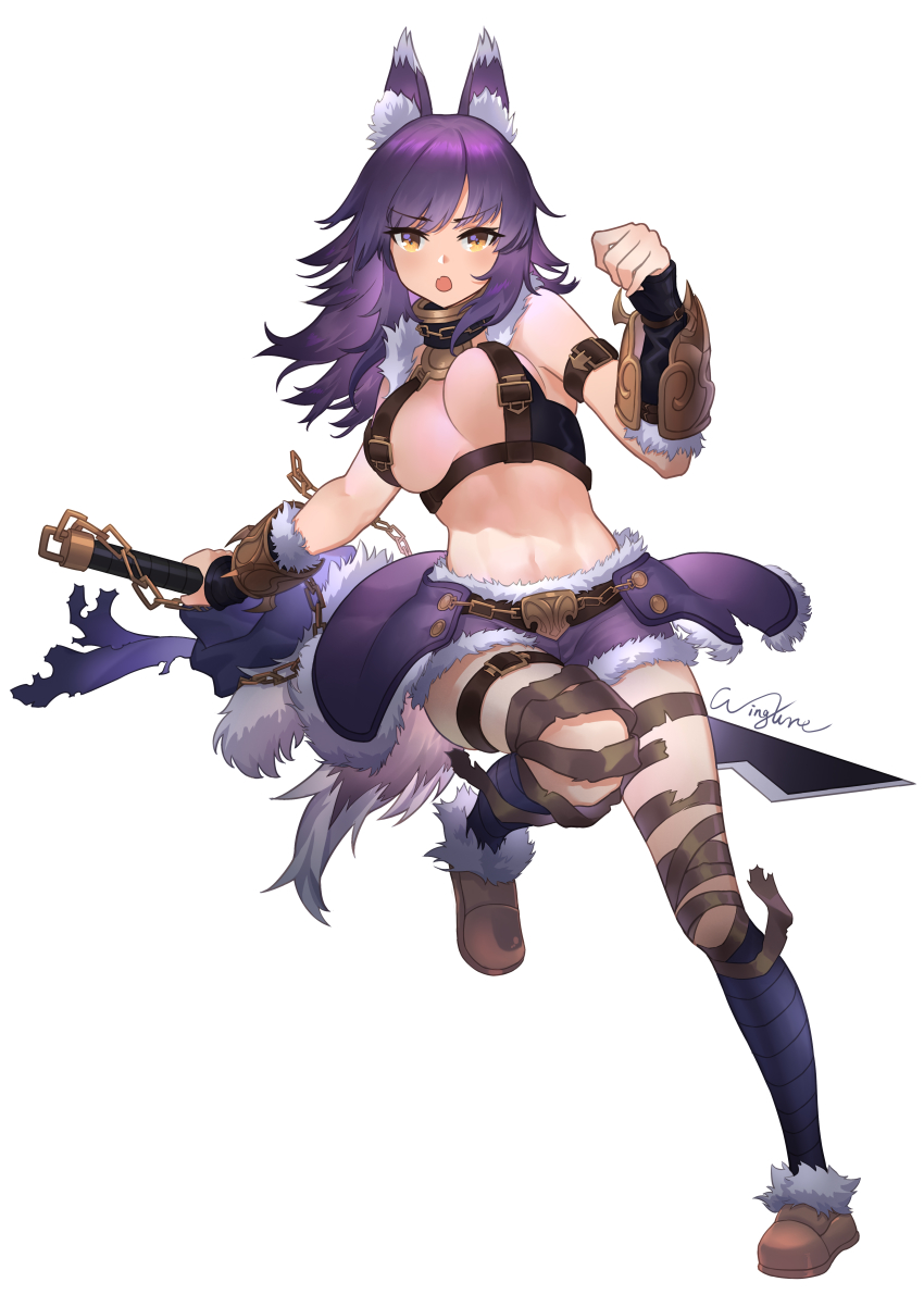 1girl, absurdres, animal_ear_fluff, animal_ears, arm_belt, arm_strap, bandages, bouncing_breasts, breasts, cleavage, collar, cygames, female_focus, fur-trimmed_shorts, fur_trim, highres, large_breasts, leg_belt, looking_at_viewer, makoto_(princess_connect!), metal_collar, open_mouth, princess_connect!, purple_hair, purple_shorts, shorts, solo, sword, tail, weapon, wingure, wolf_ears, wolf_girl, wolf_tail