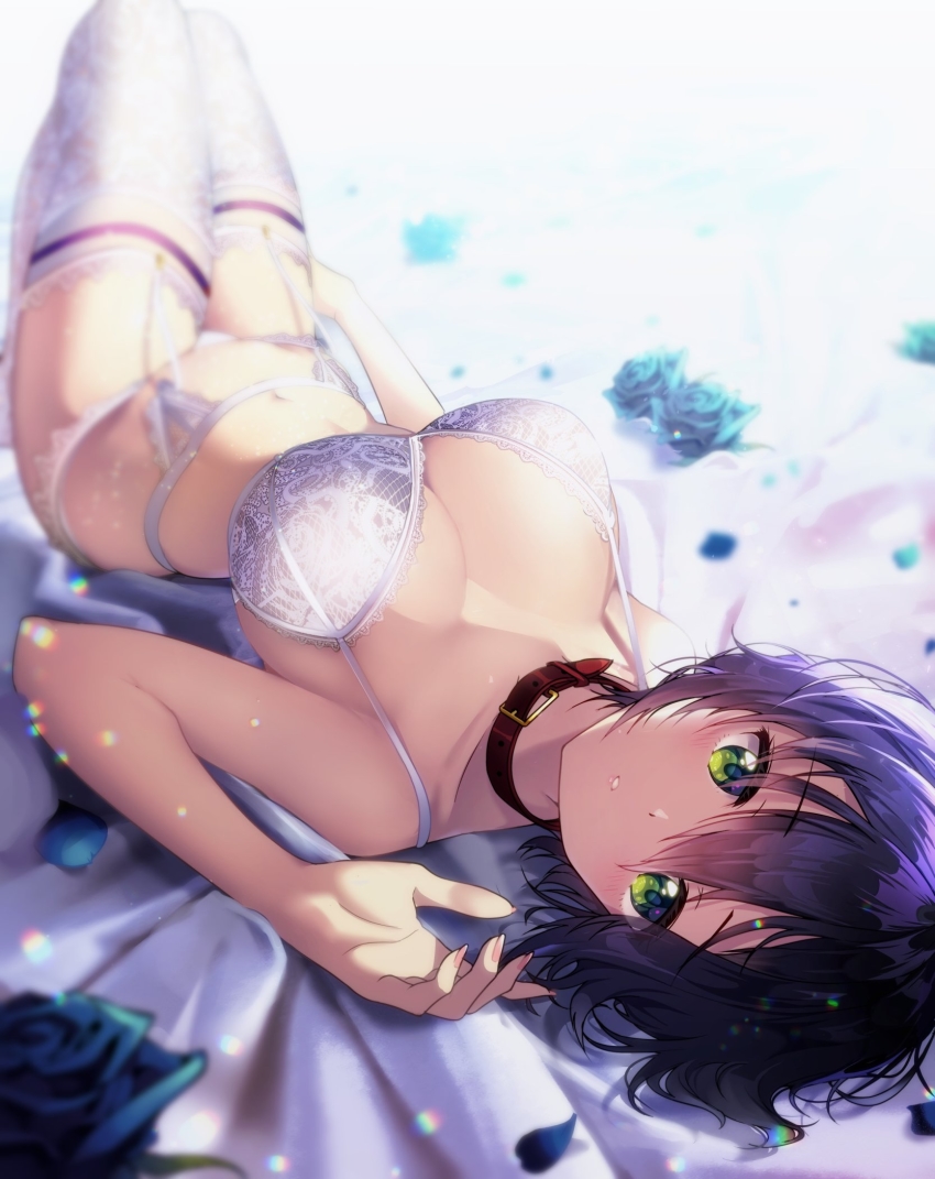 1girl, bare_arms, bare_shoulders, bed_sheet, black_hair, blurry, blush, bra